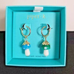 Piper K Women's Jewelry Ceramic Blue/Green/Gold Mushrooms Dangle Earrings-Boxed